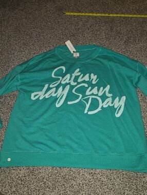 Anthropologie Lyre Bird Teal "Saturday Sunday" Graphic Sweatshirt L/xl